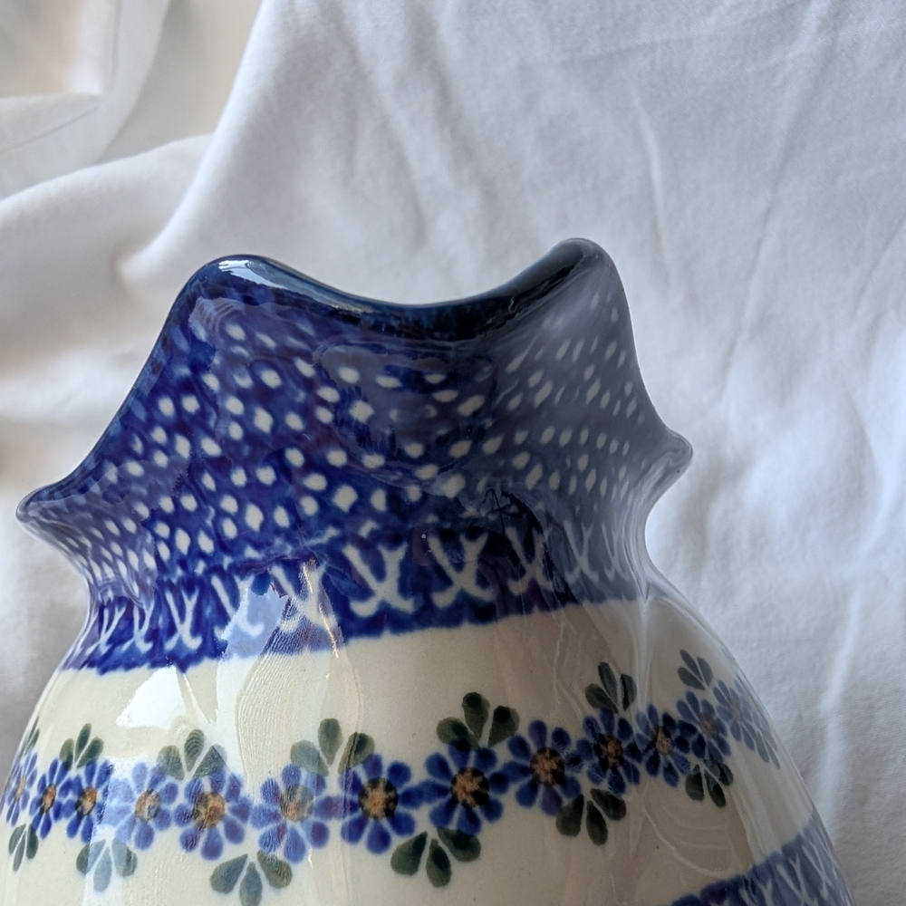 Polish Pottery Blue Floral Cream Ceramic Pitcher - Picture 7 of 9